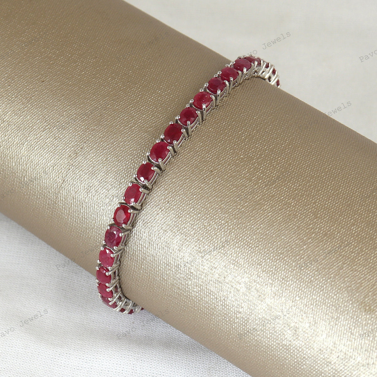Natural Ruby Tennis Bracelet, Sterling Silver, Oval Cut, July Birthstone Jewelry