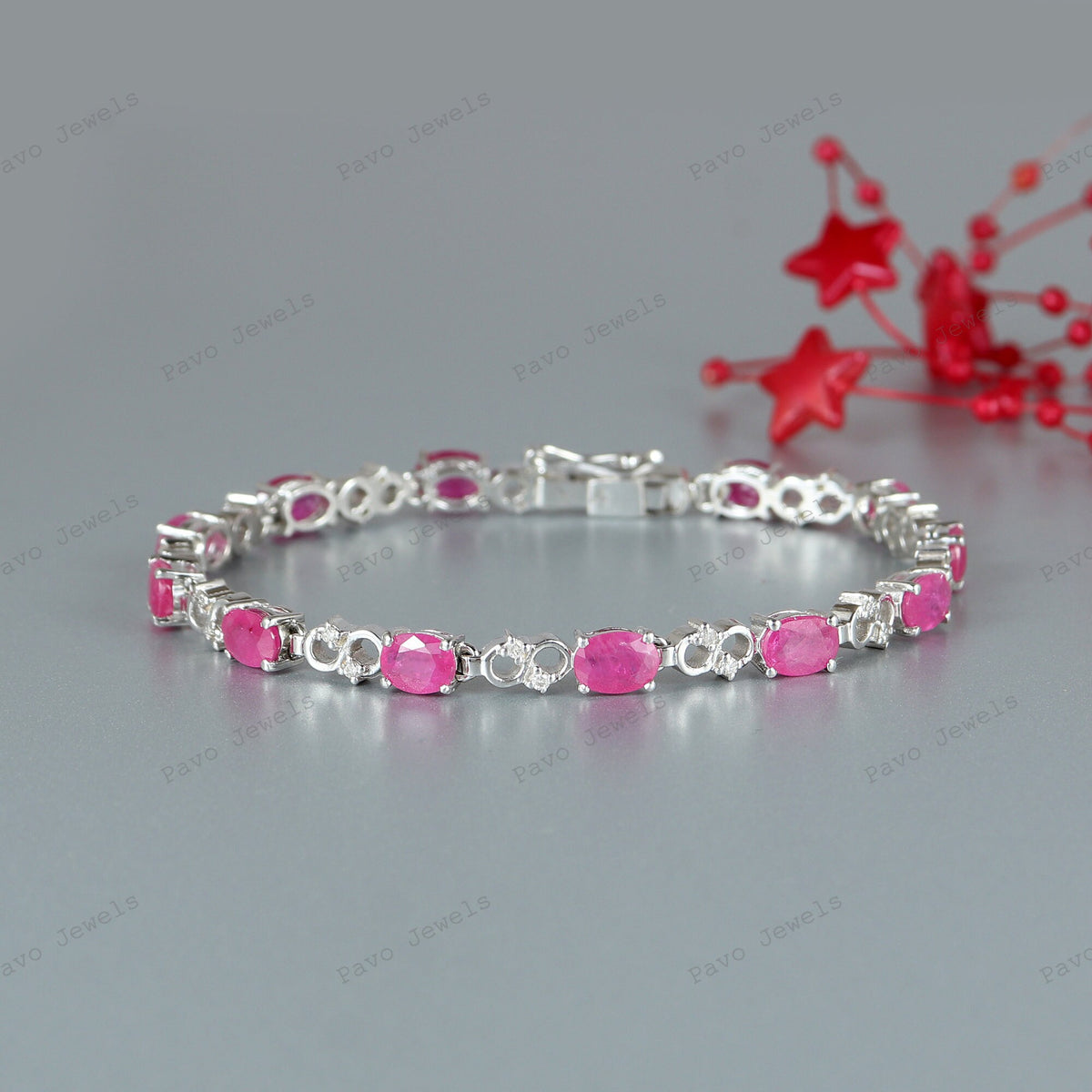 Natural Oval Ruby Tennis Bracelet, 925 Sterling Silver, July Birthstone, Pink Gemstone