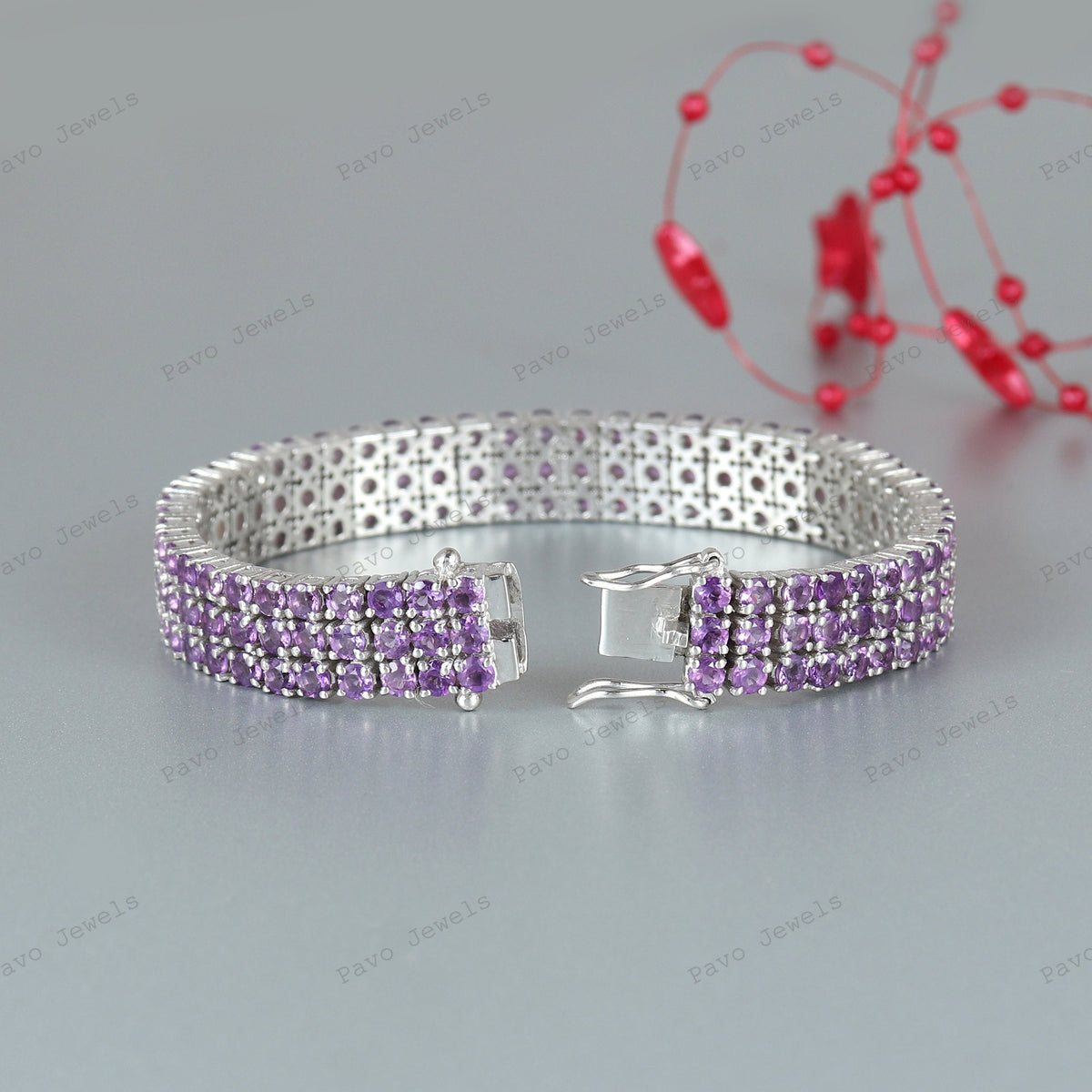 Triple Line Amethyst Tennis Bracelet, 925 Sterling Silver, February Birthstone, Anniversary Gift