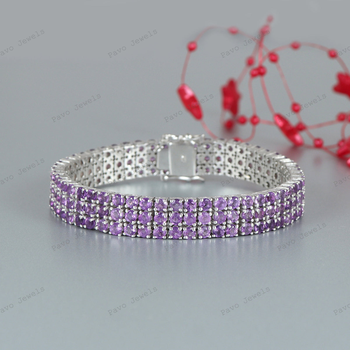 Triple Line Amethyst Tennis Bracelet, 925 Sterling Silver, February Birthstone, Anniversary Gift