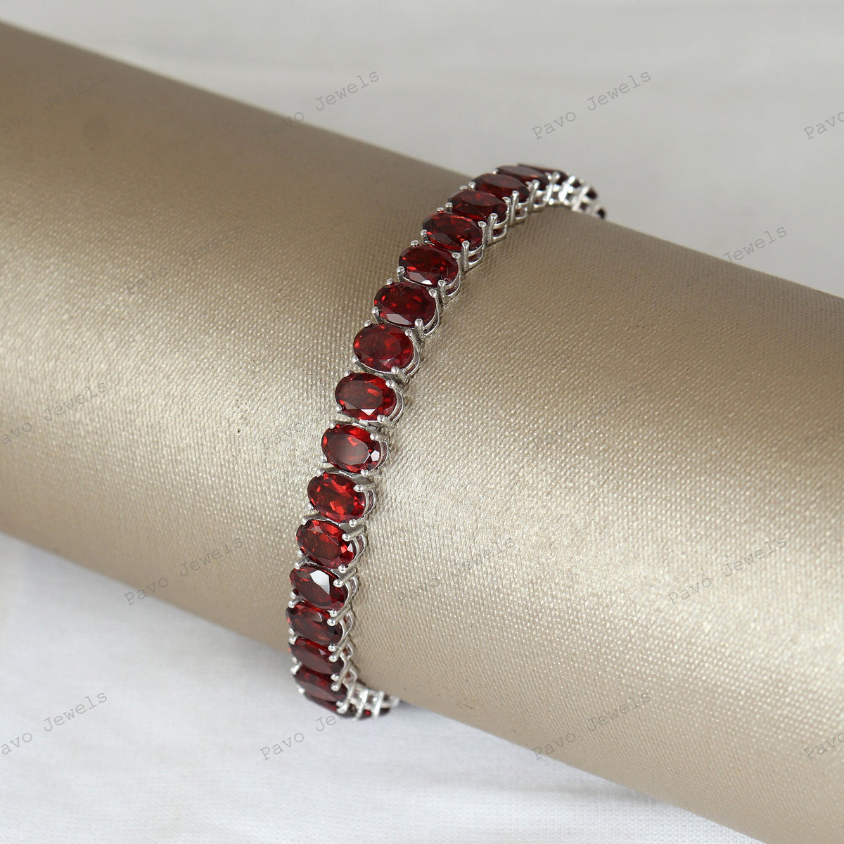 Natural Garnet Oval Gemstone Tennis Bracelet-925 Sterling Silver Bracelet-January Birthstone-Wedding Bracelet-Bridal Bracelet-Gift for Her