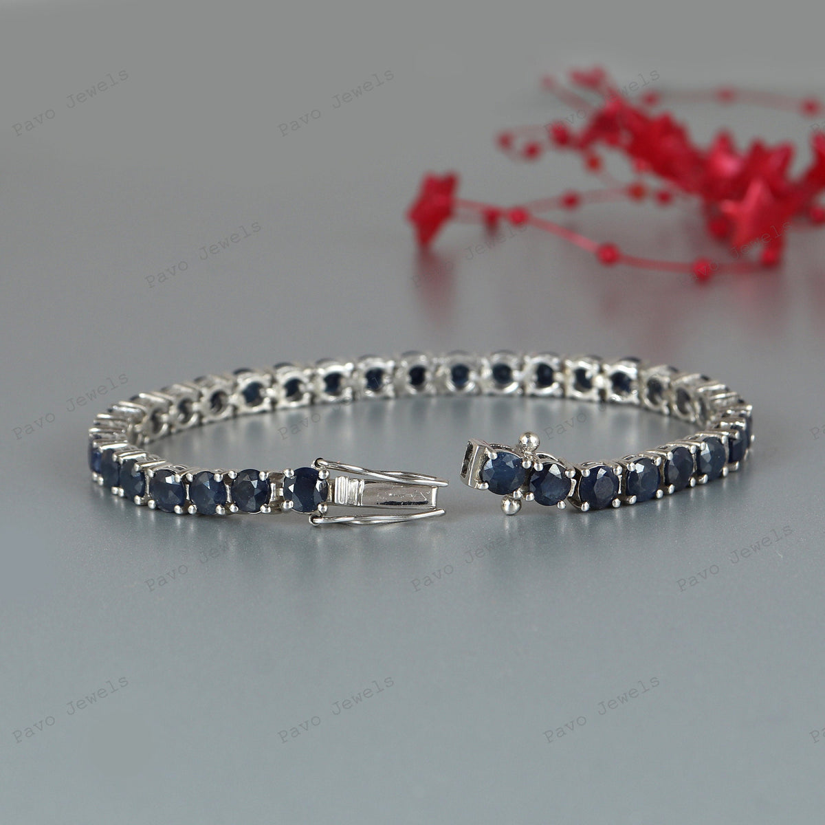 Natural Blue Sapphire Tennis Bracelet, Sterling Silver, September Birthstone Jewelry