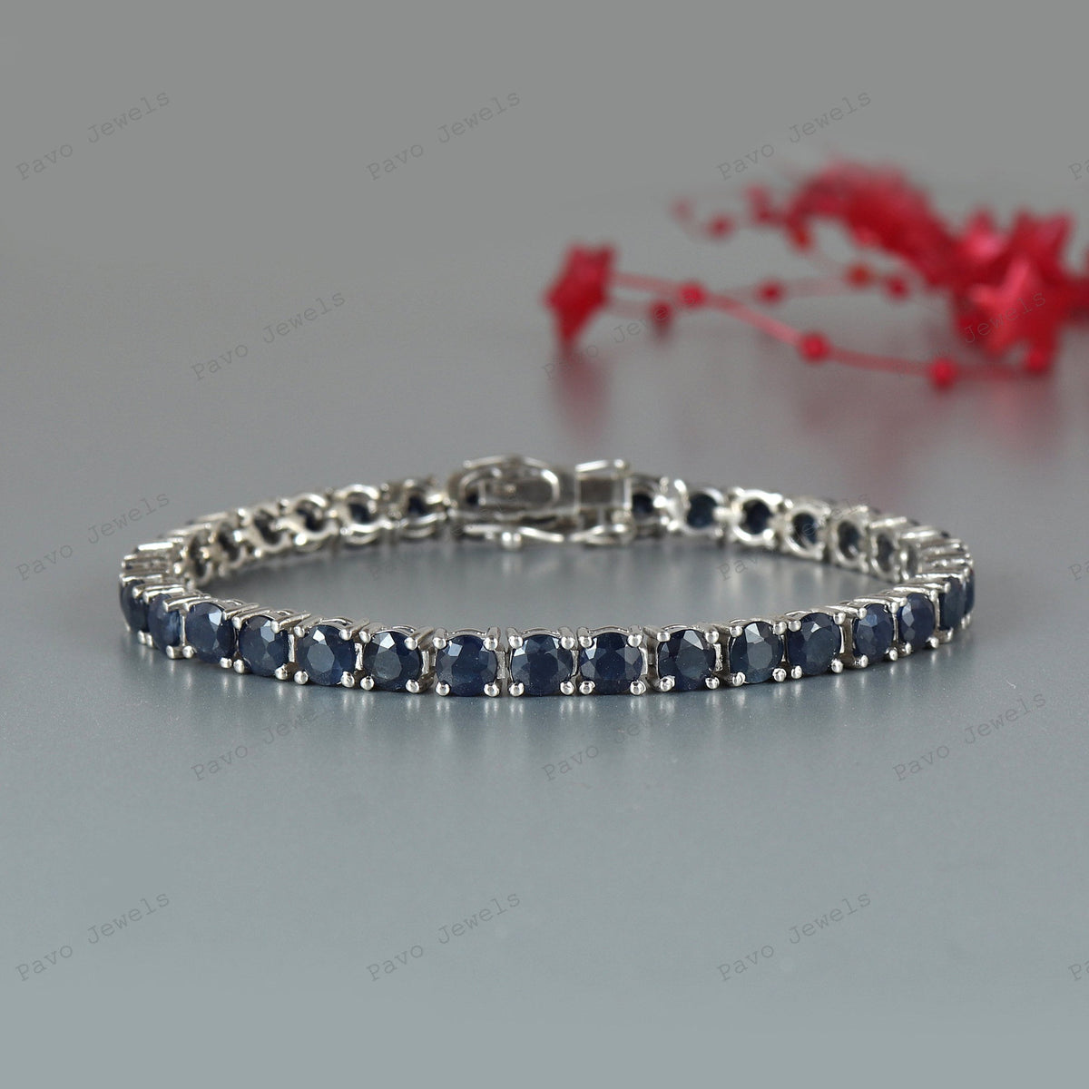 Natural Blue Sapphire Tennis Bracelet, Sterling Silver, September Birthstone Jewelry