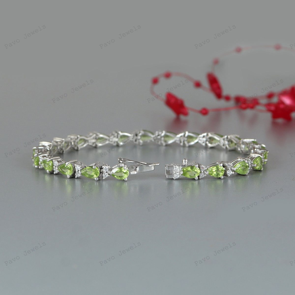 Peridot Pear Cut Tennis Bracelet: 925 Sterling Silver, August Birthstone