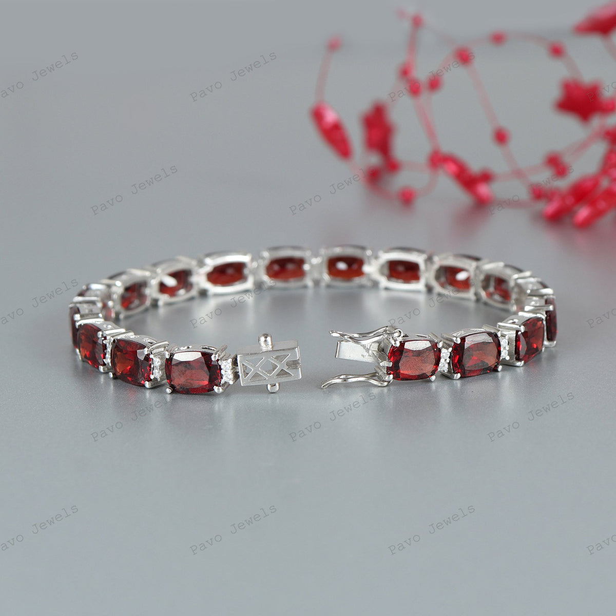 January Birthstone Bracelet, Natural Garnet 925 Silver Tennis Bracelet, Wife Birthday Gift, Wedding Jewelry