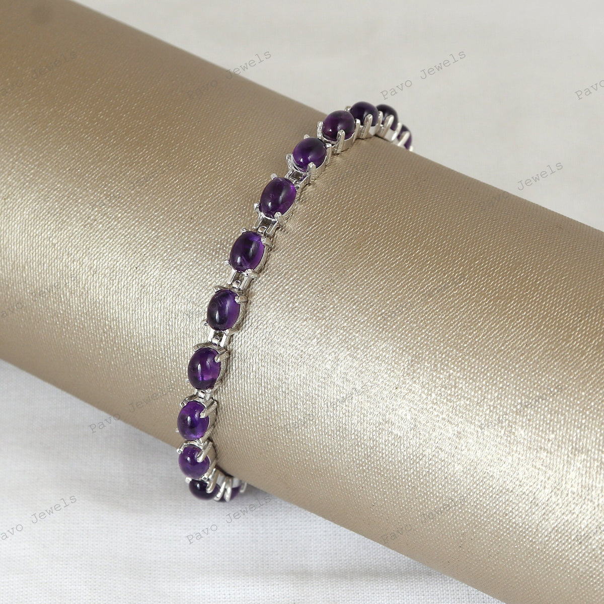 Sterling Silver Amethyst Tennis Bracelet, Oval Gemstone, February Birthstone, Purple Bridal Jewelry