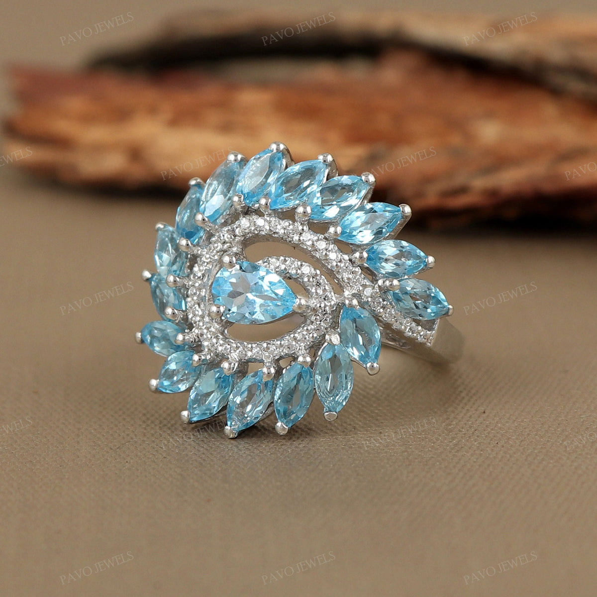 Marquise Swiss Blue Topaz Ring, 925 Sterling Silver, December Birthstone Statement Jewelry,