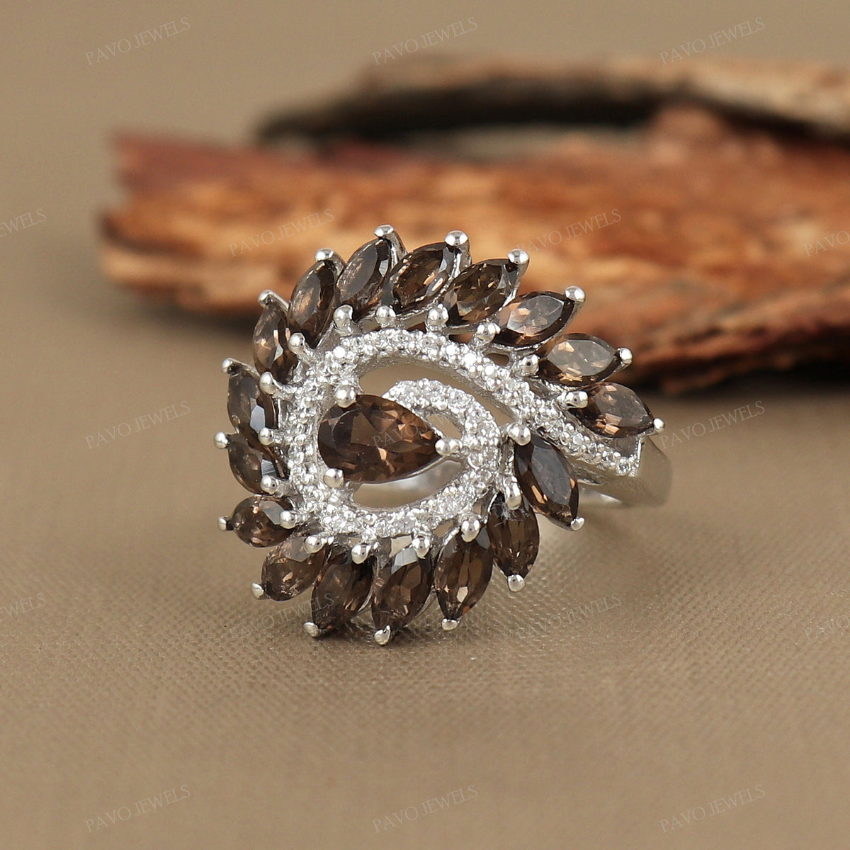 Natural Smoky Quartz Marquise Ring, 925 Sterling Silver Cluster, June Birthstone Statement