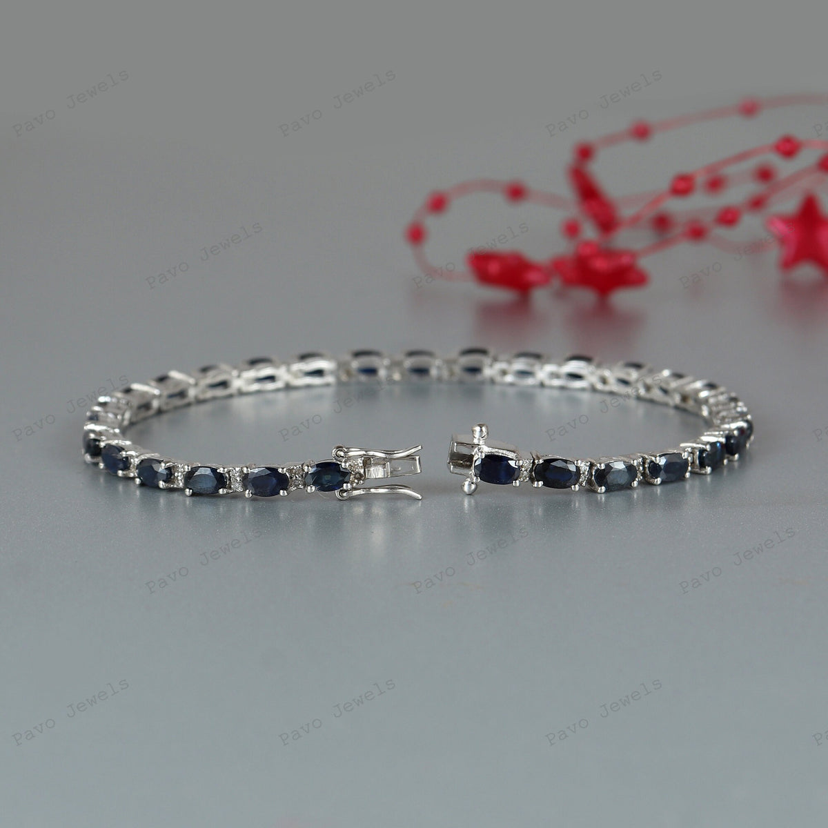 Blue Sapphire Diamond Bracelet: 925 Sterling Silver Tennis Bracelet