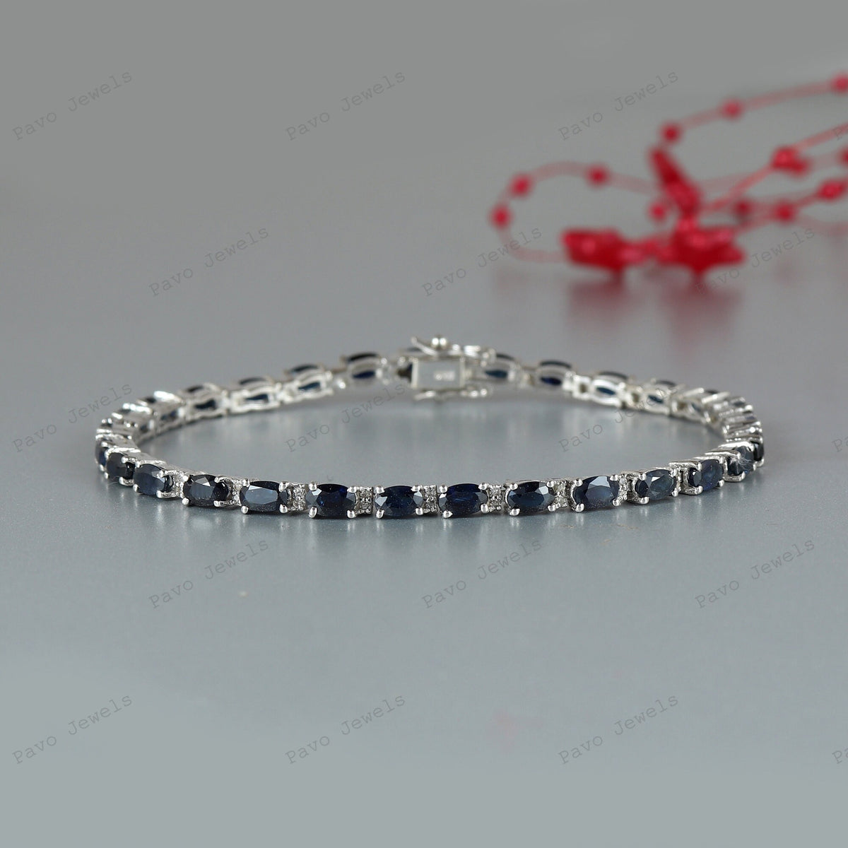 Blue Sapphire Diamond Bracelet: 925 Sterling Silver Tennis Bracelet
