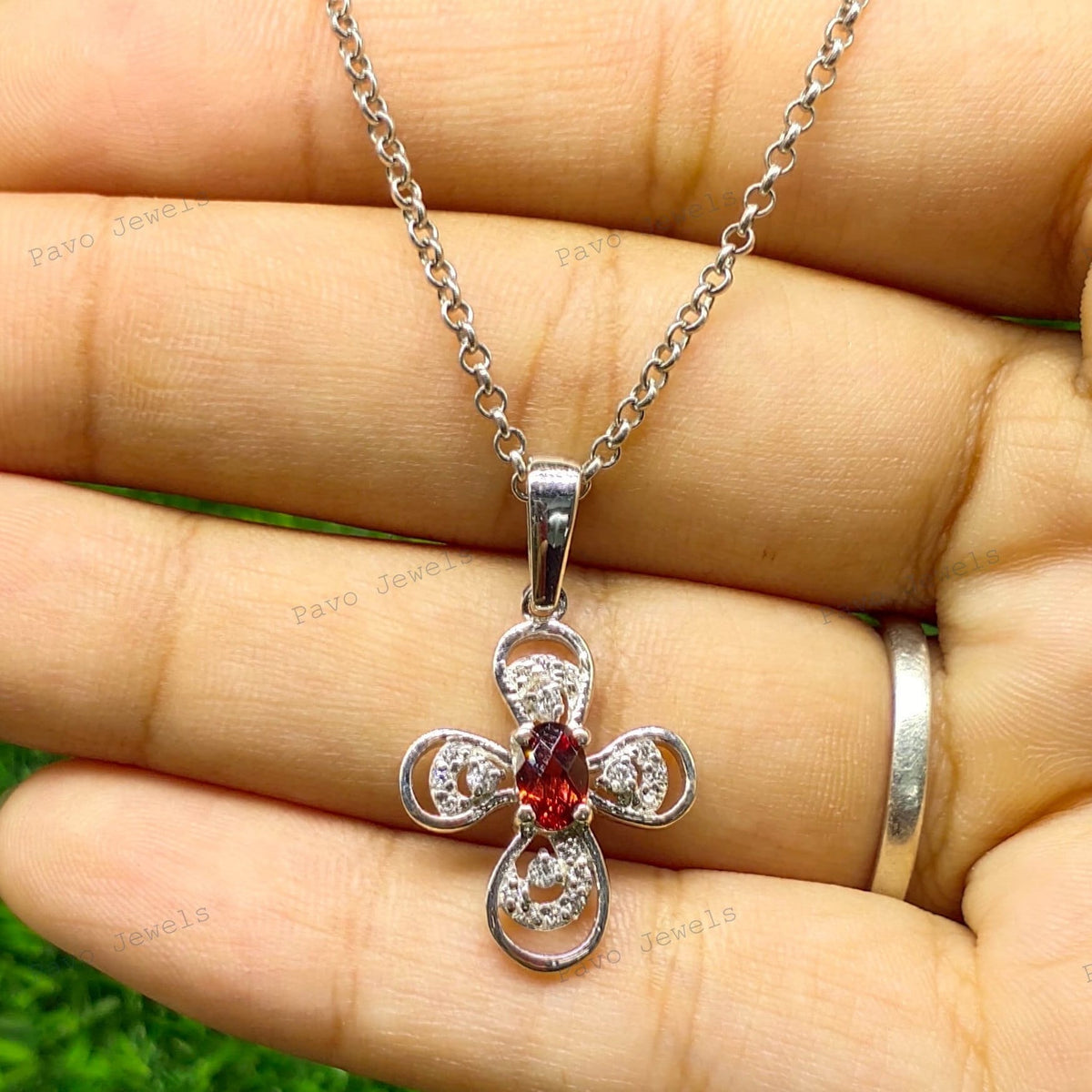 Red Garnet Sterling Silver Pendant: Floral Gemstone Jewelry