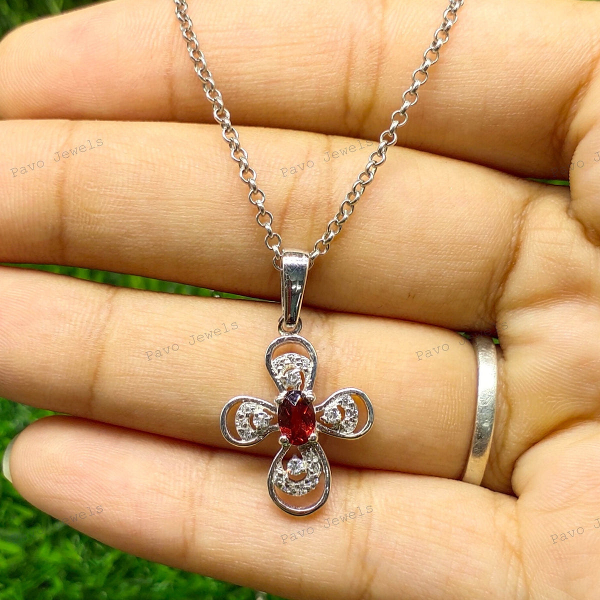 Red Garnet Sterling Silver Pendant: Floral Gemstone Jewelry