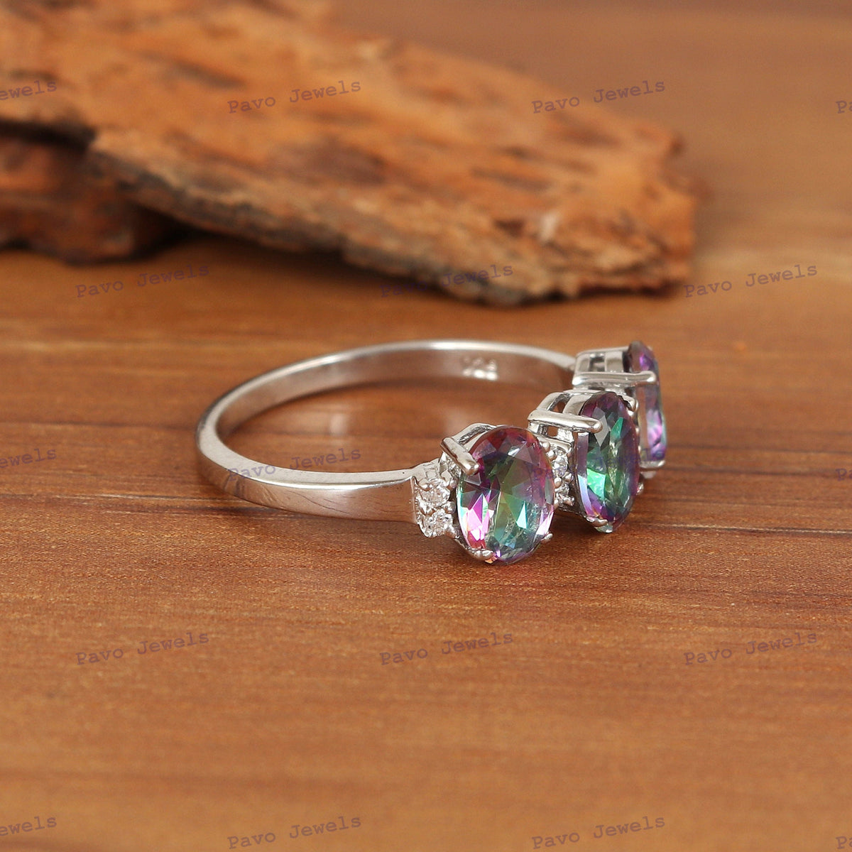 Mystic Topaz Sterling Silver Ring: Triple Oval Gemstone, November Birthstone, Christmas Gift