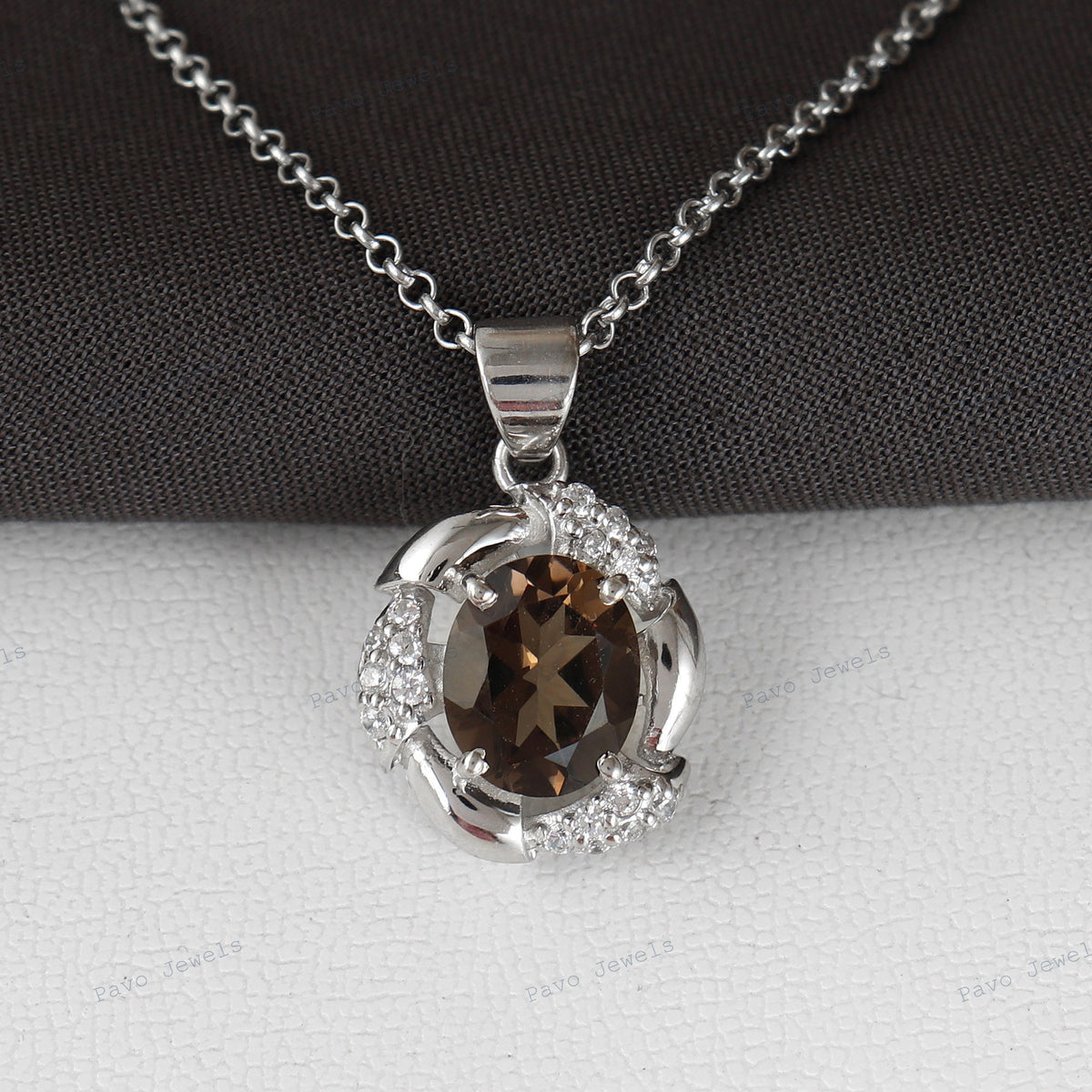 Oval Smoky Quartz Pendant, Sterling Silver Halo CZ Necklace, November Birthstone Jewelry