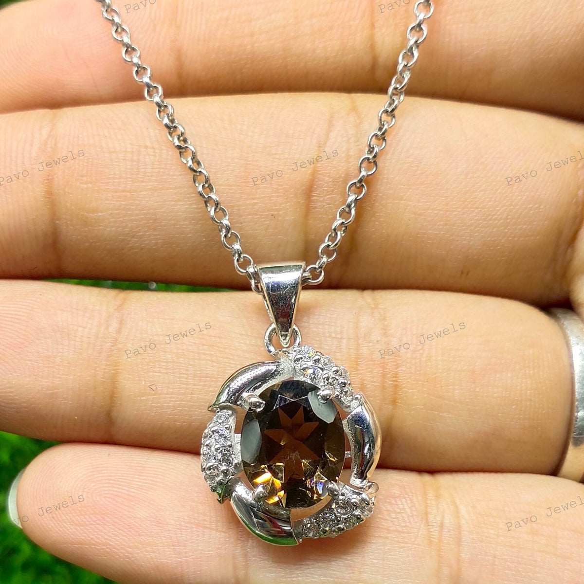 Oval Smoky Quartz Pendant, Sterling Silver Halo CZ Necklace, November Birthstone Jewelry