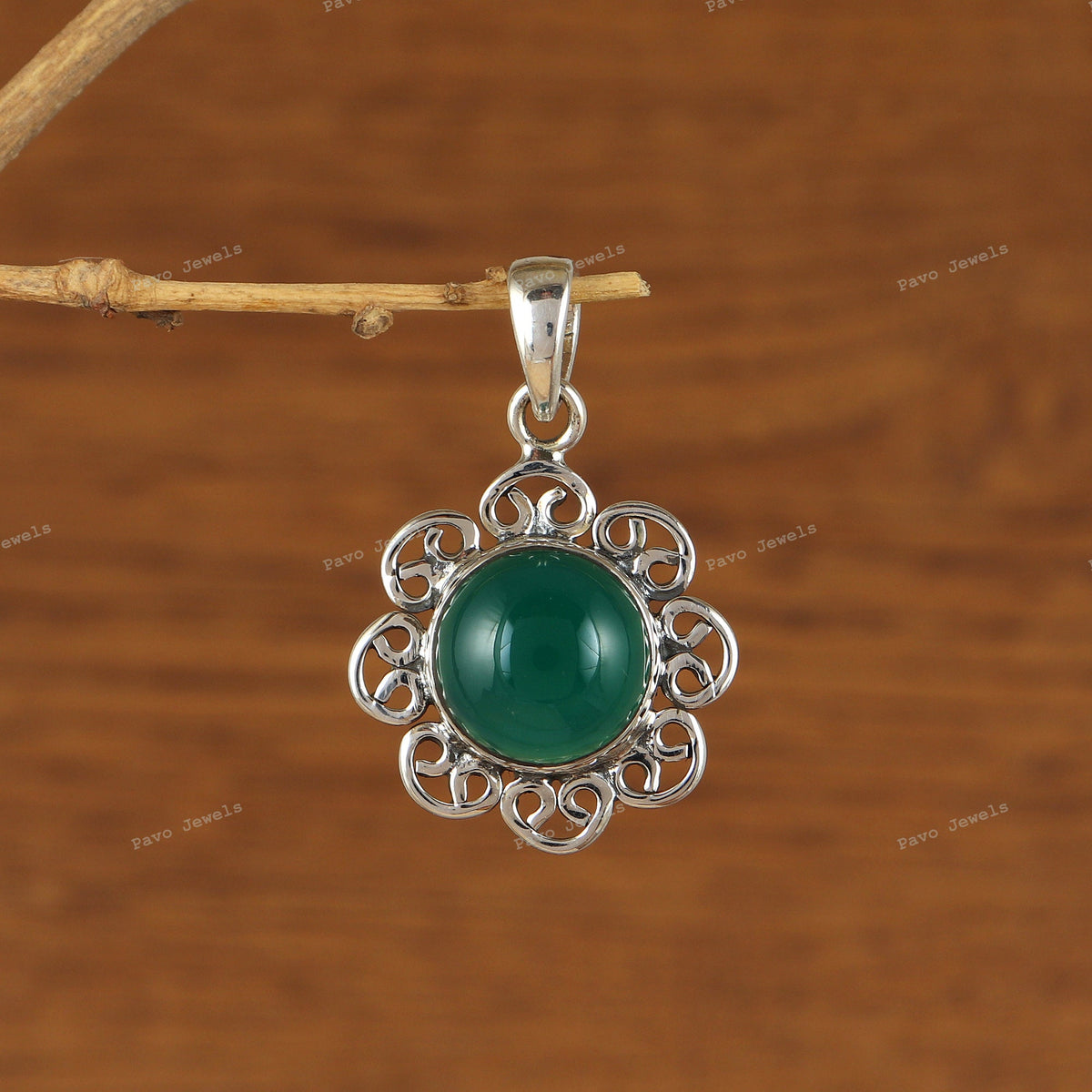 Green Onyx Pendant Sterling Silver, Handmade Gemstone Necklace for Women