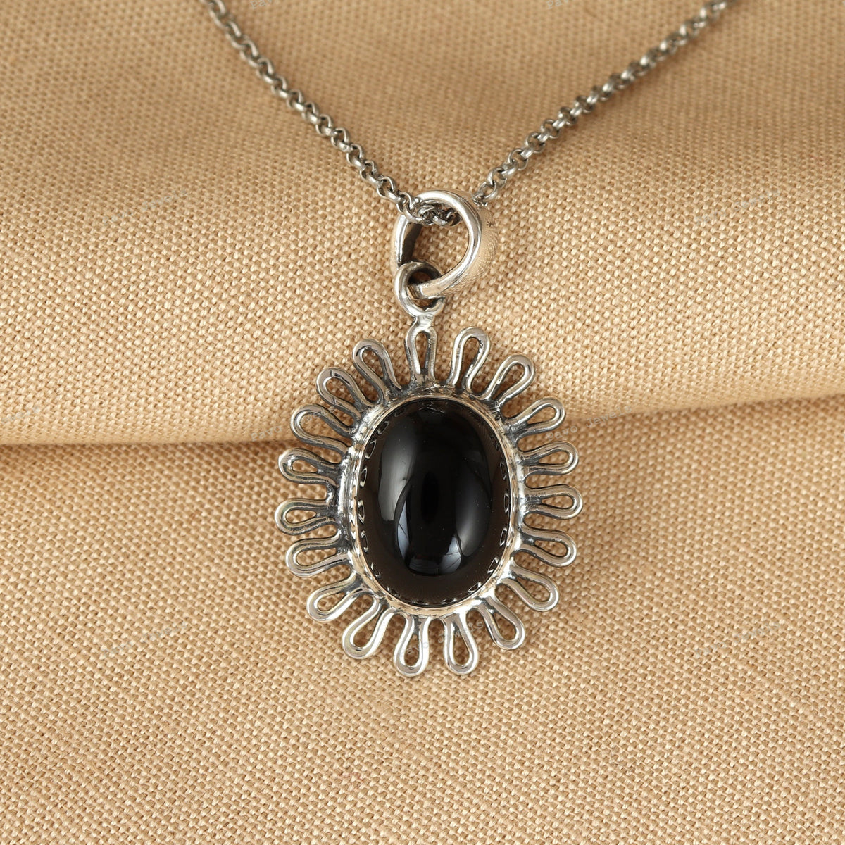 Floral Black Onyx Pendant, Sterling Silver Oval Cabochon