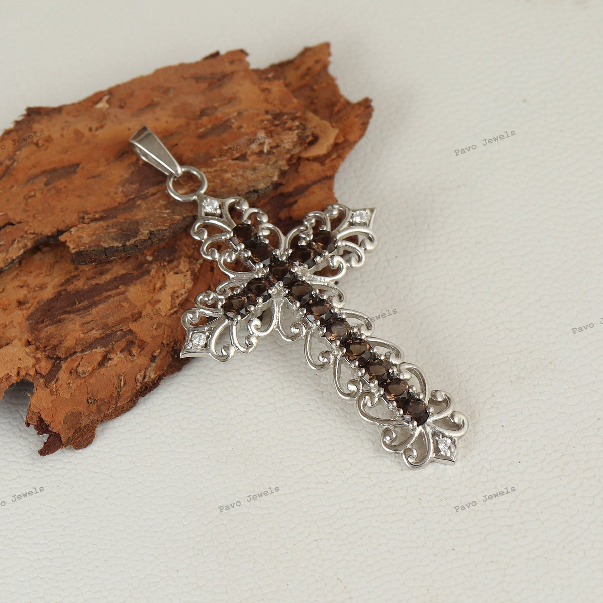 Smoky Quartz Cross Pendant: 925 Sterling Silver, Religious Jewelry