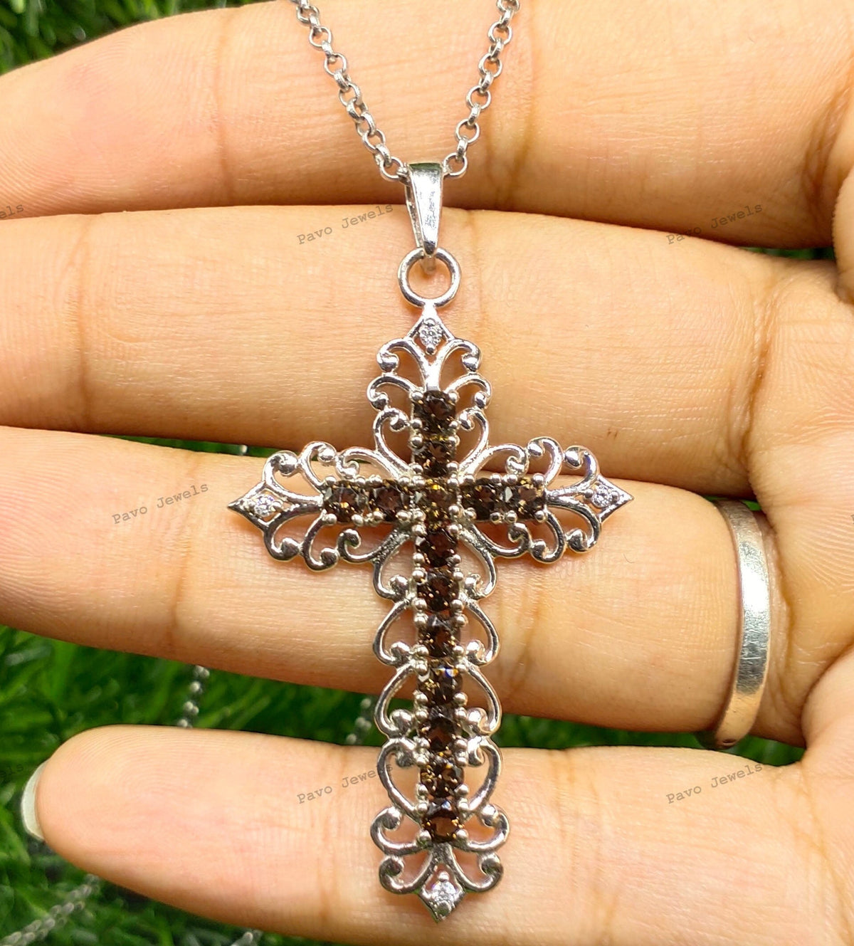 Smoky Quartz Cross Pendant: 925 Sterling Silver, Religious Jewelry