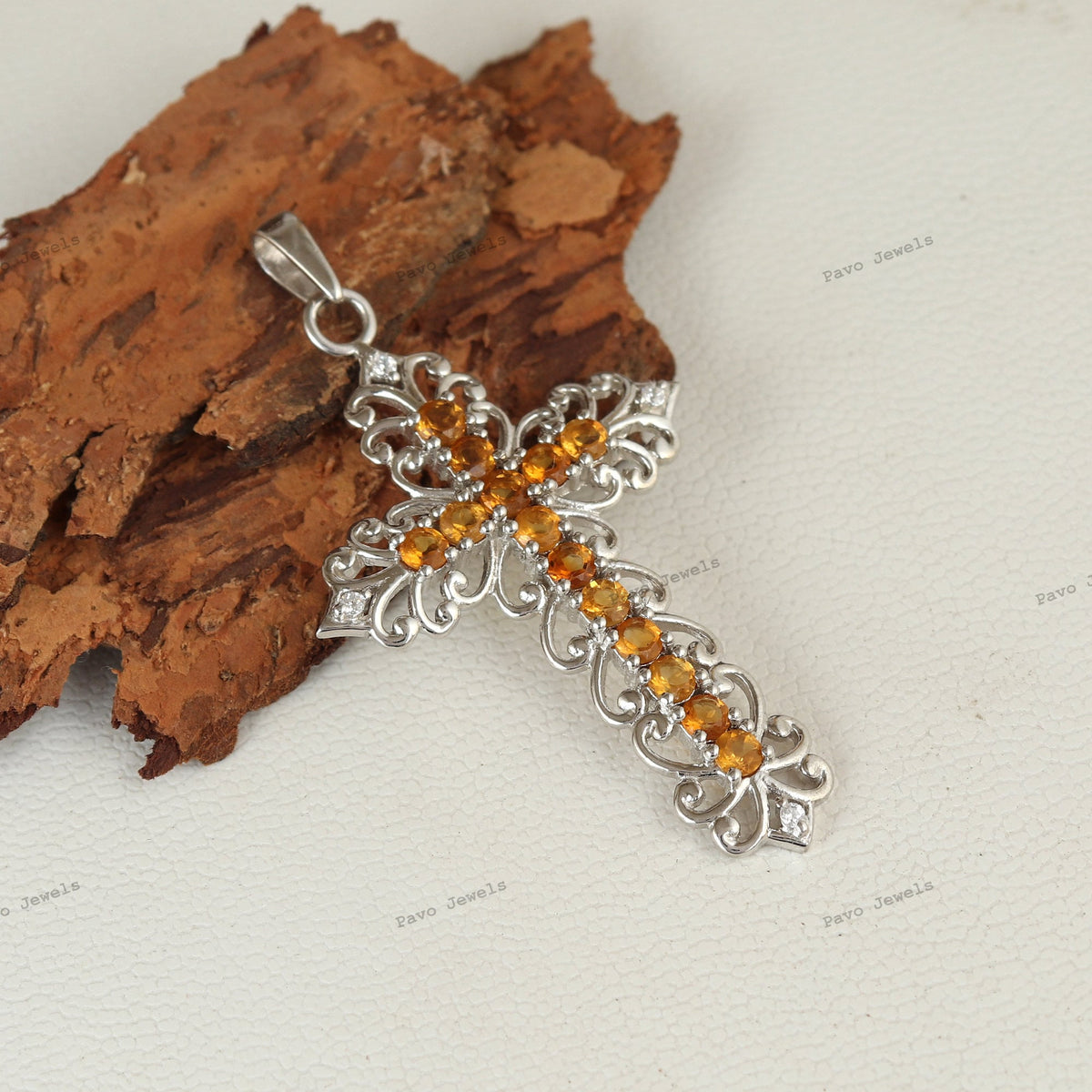 Citrine Cross Pendant: 925 Sterling Silver, Round Gemstone