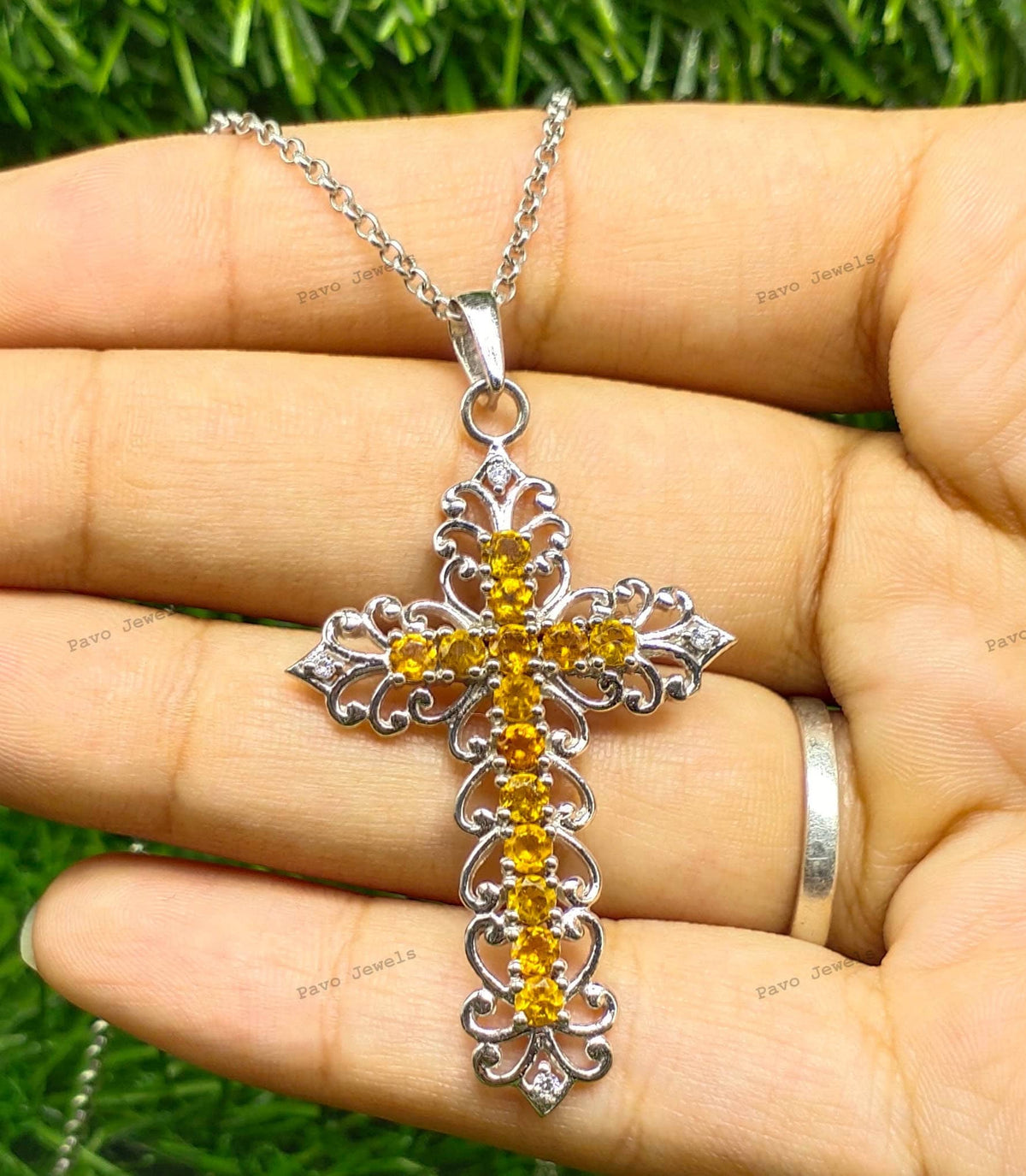 Citrine Cross Pendant: 925 Sterling Silver, Round Gemstone