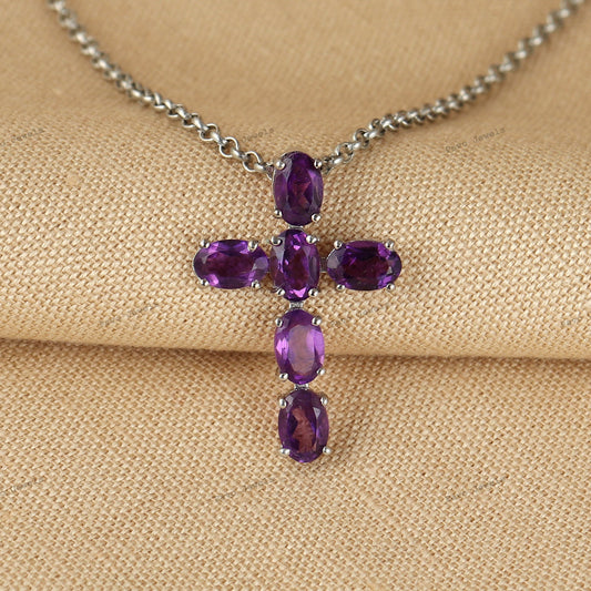Sterling Silver Amethyst Cross Pendant Necklace, Oval Gemstone Christian Jewelry