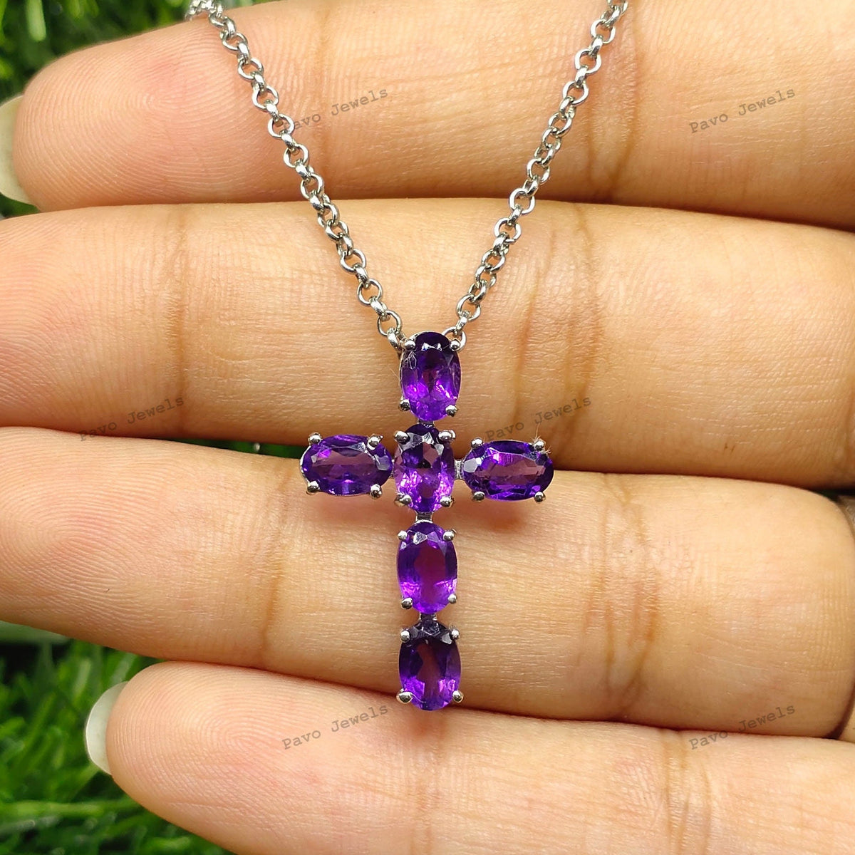 Sterling Silver Amethyst Cross Pendant Necklace, Oval Gemstone Christian Jewelry