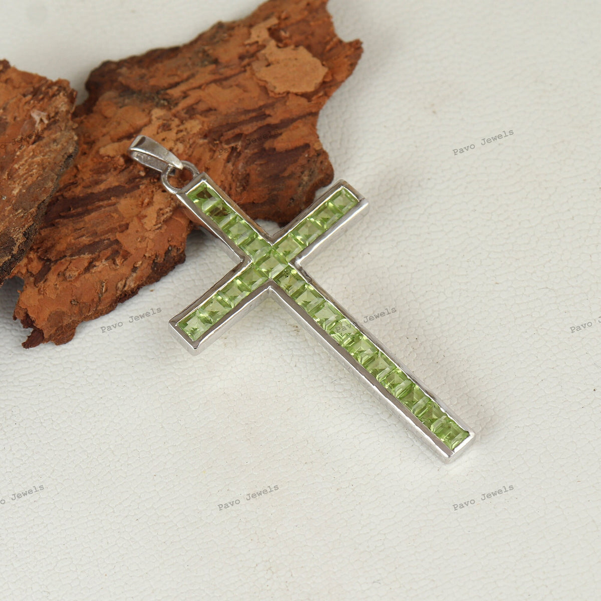 Peridot Cross Pendant: Square August Birthstone, 925 Sterling Silver