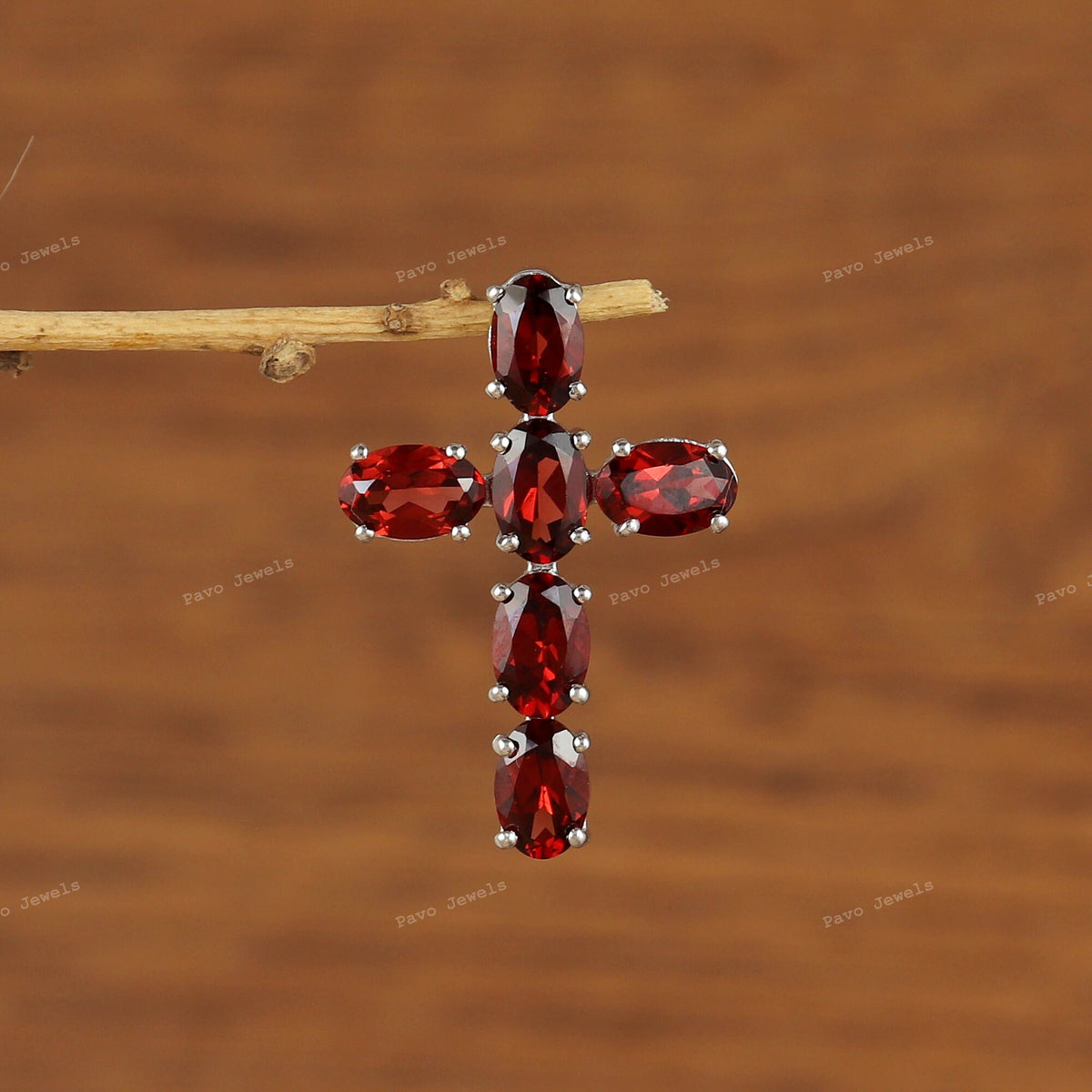 Garnet Cross Pendant: Oval Gemstone, 925 Sterling Silver