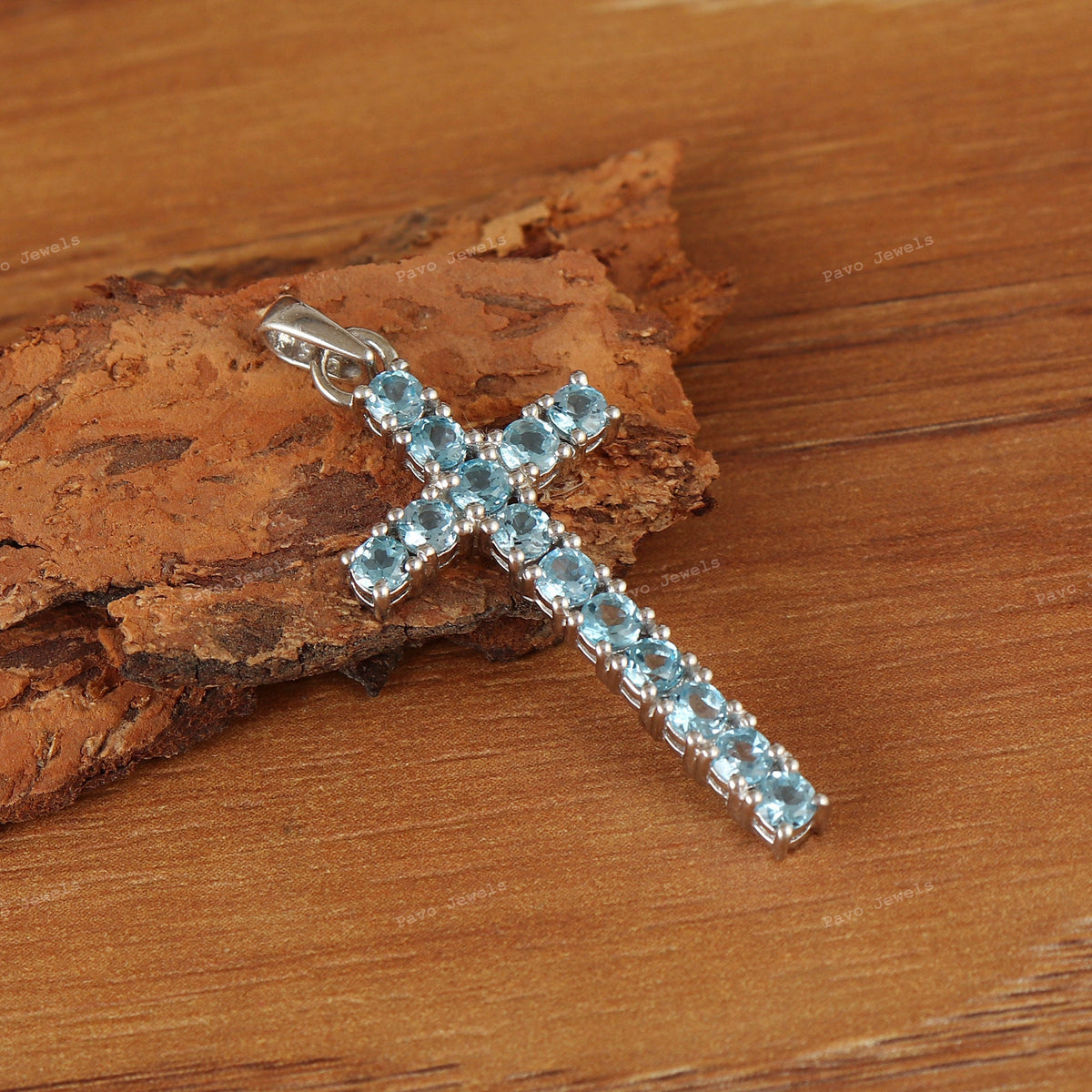 Natural Swiss Blue Topaz Cross Pendant, Sterling Silver, December Birthstone Jewelry