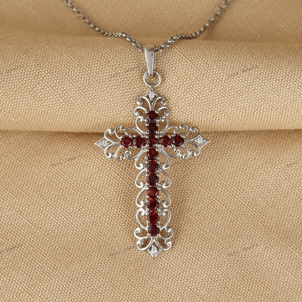 Garnet Cross Necklace Silver, January Birthstone Jewelry, Religious Gift for Women