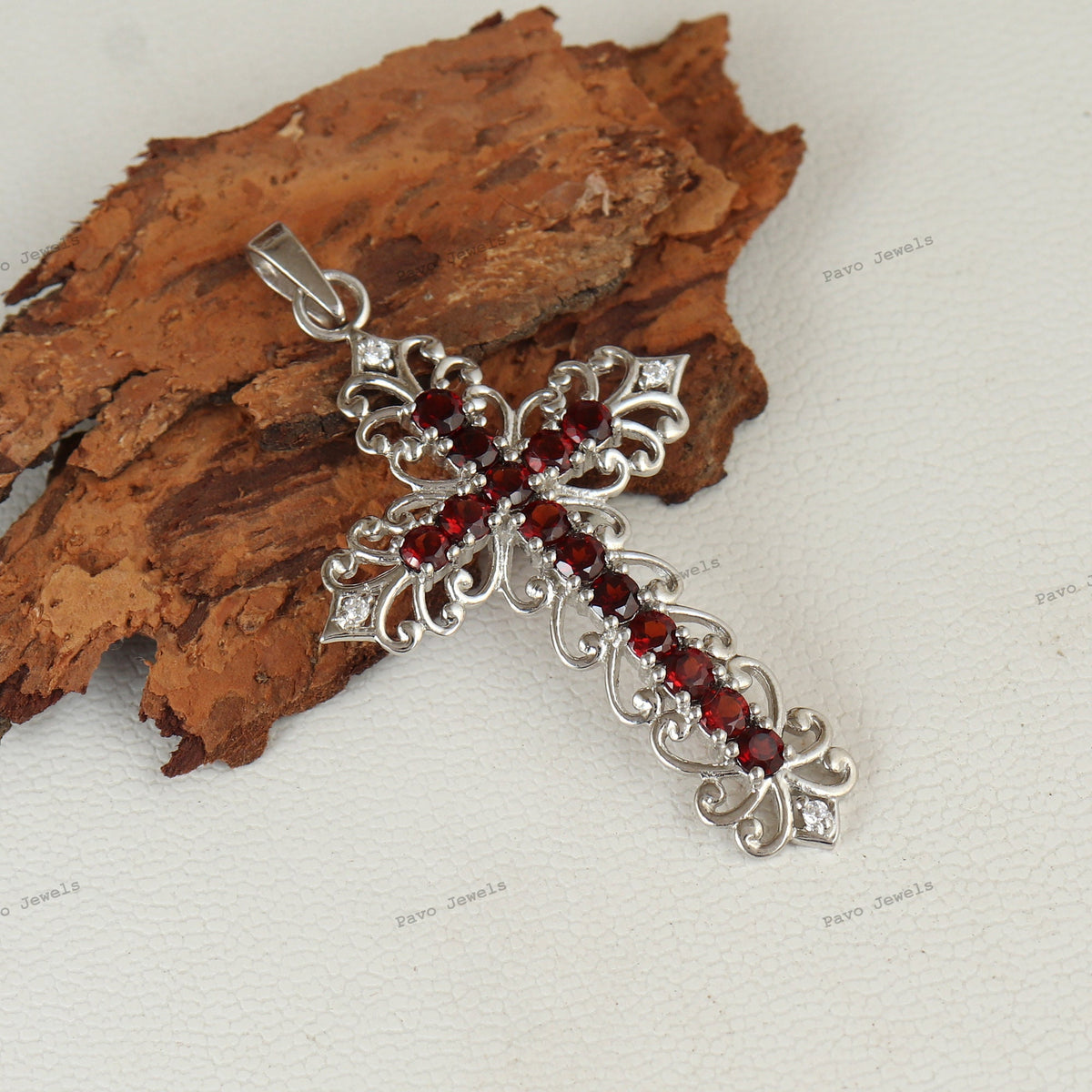 Garnet Cross Necklace Silver, January Birthstone Jewelry, Religious Gift for Women