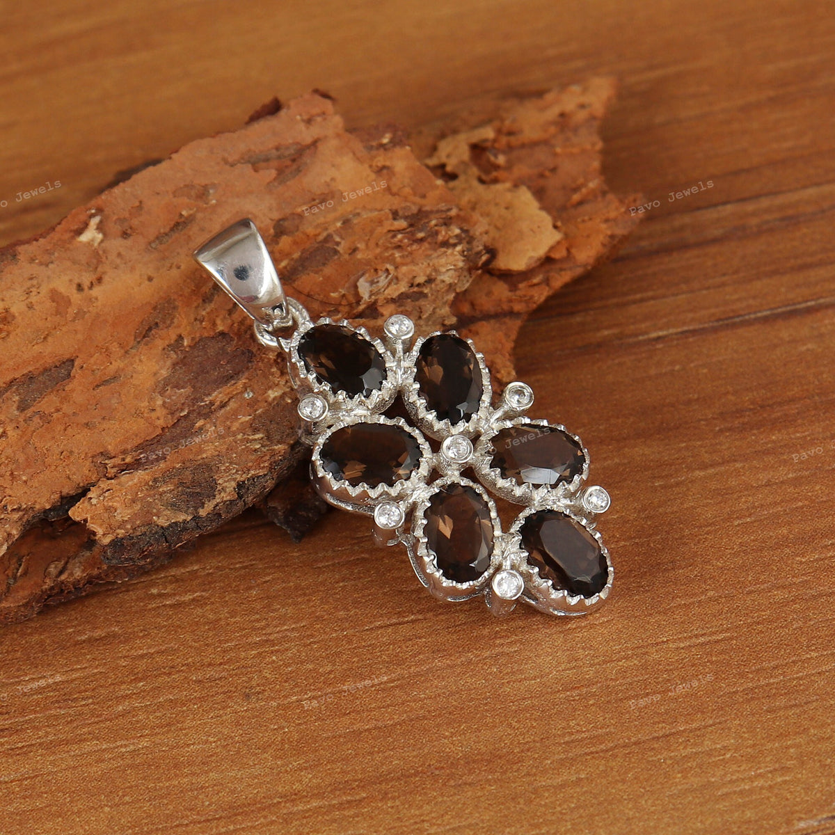 Natural Smoky Quartz Pendant-925 Sterling Silver Jewelry-Oval Gemstone Pendant-November Birthstone-Cubic Zircon-Anniversary Gift for wife