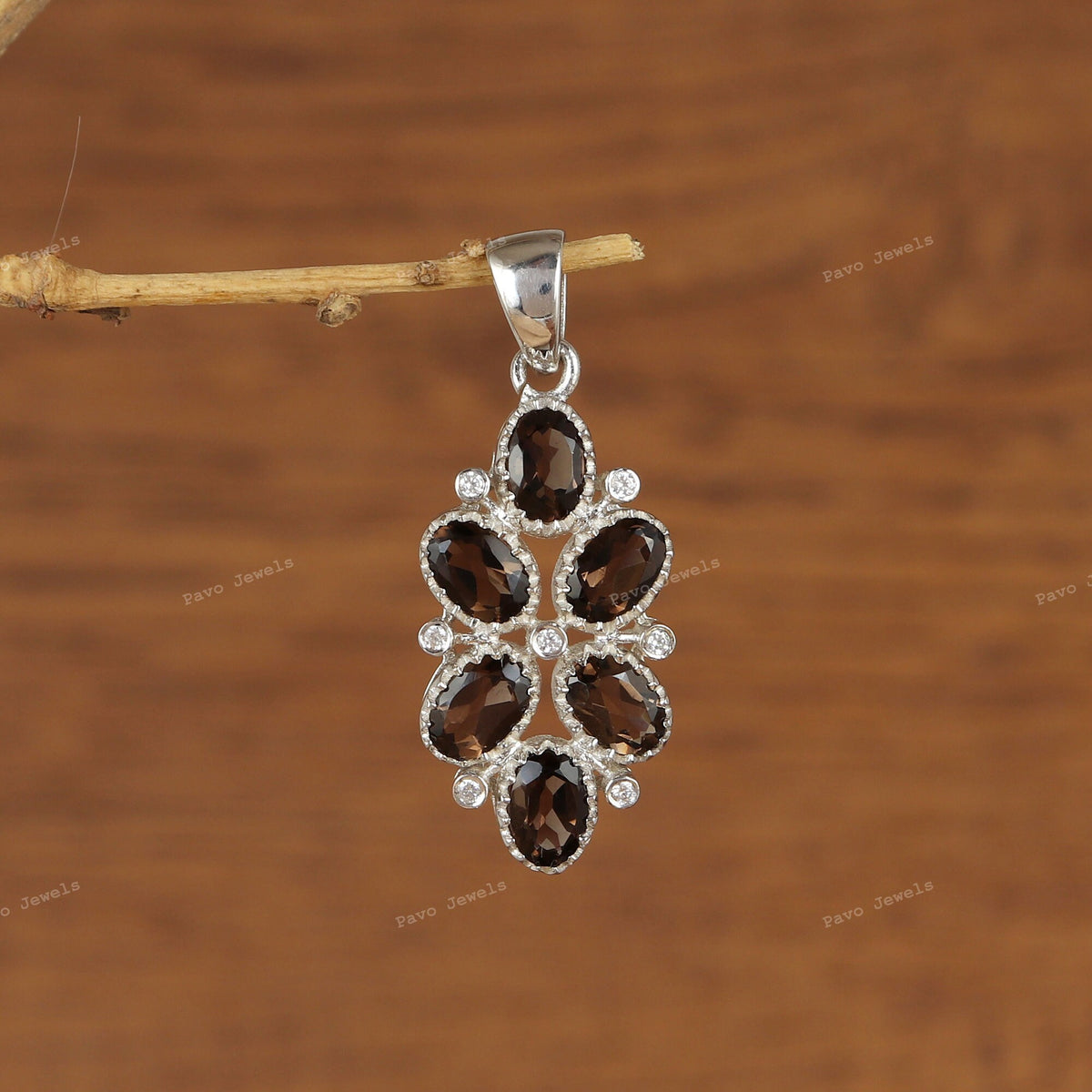 Natural Smoky Quartz Pendant-925 Sterling Silver Jewelry-Oval Gemstone Pendant-November Birthstone-Cubic Zircon-Anniversary Gift for wife