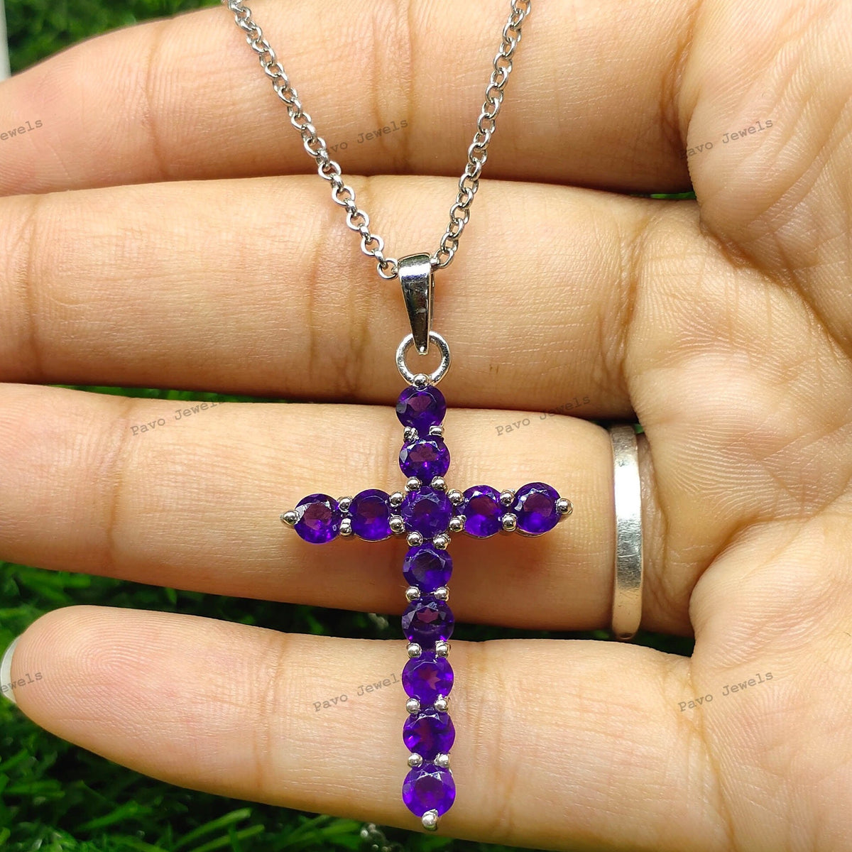 African Amethyst Sterling Silver Cross Pendant Necklace