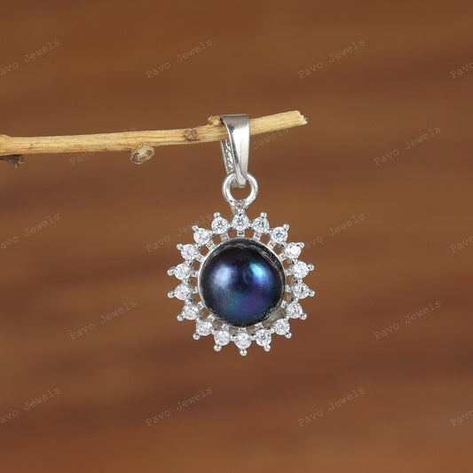 Black Pearl & CZ Diamond Gemstone Necklace Jewelry 925 Sterling Silver Handmade Sun Pendant
