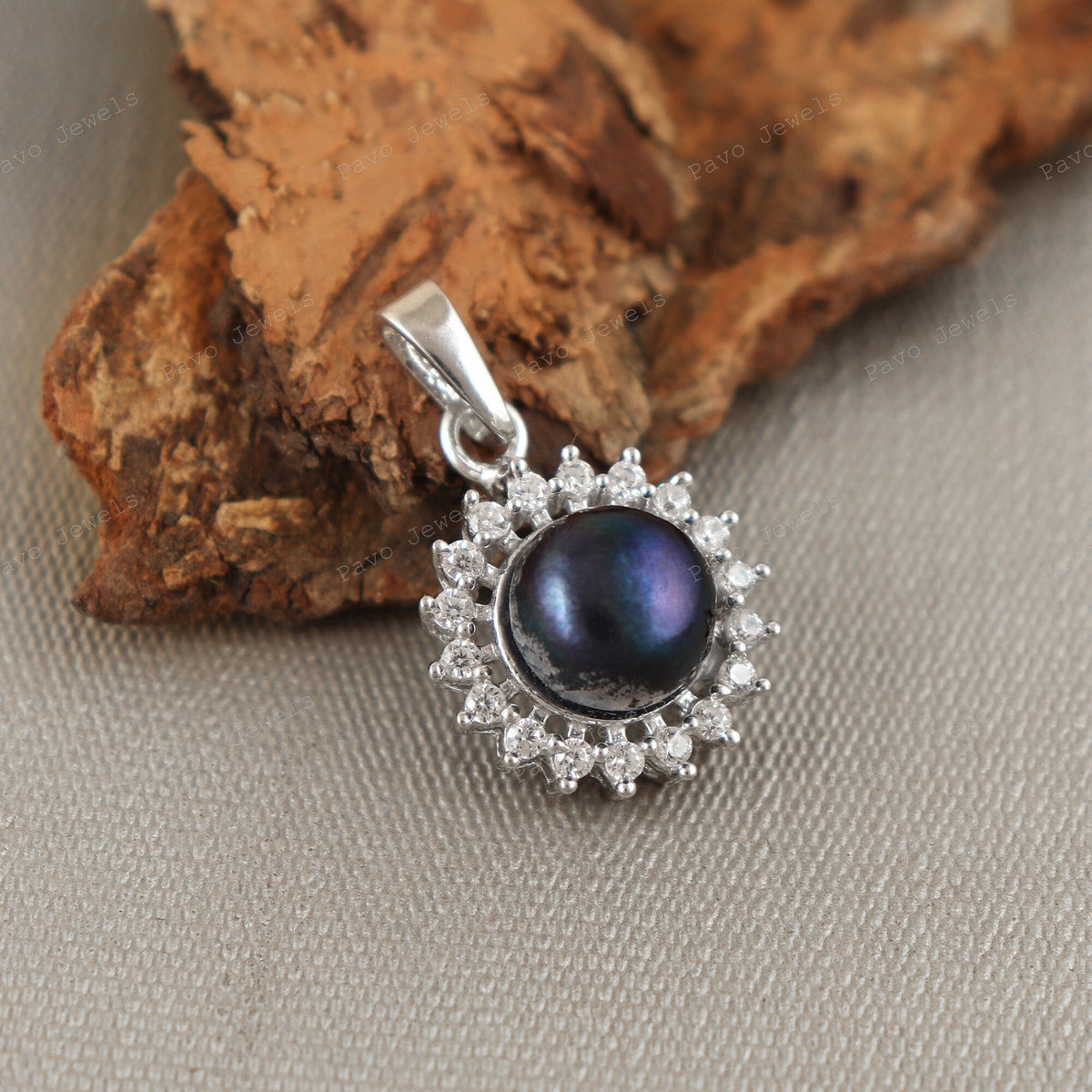 Black Pearl & CZ Diamond Gemstone Necklace Jewelry 925 Sterling Silver Handmade Sun Pendant