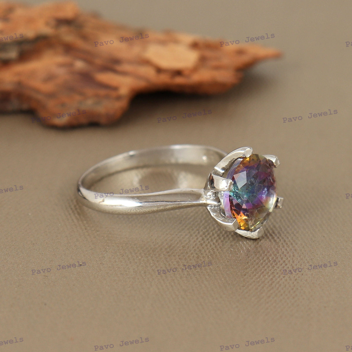 Mystic Topaz Solitaire Ring, Round Cut 925 Sterling Silver, Rainbow Gemstone