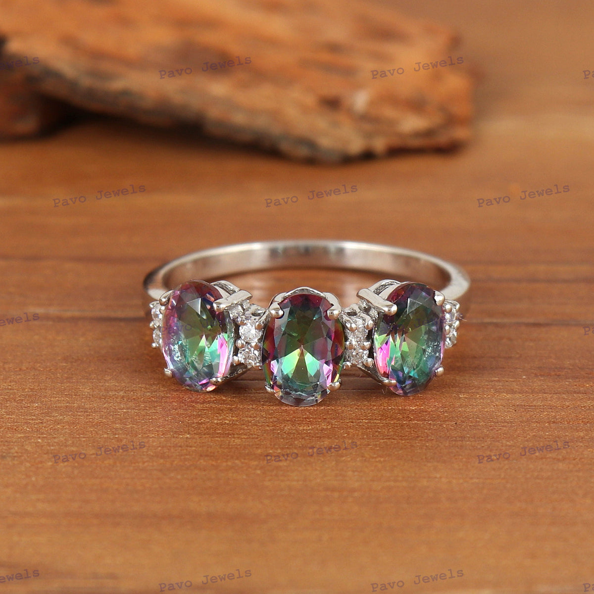Mystic Topaz Sterling Silver Ring: Triple Oval Gemstone, November Birthstone, Christmas Gift