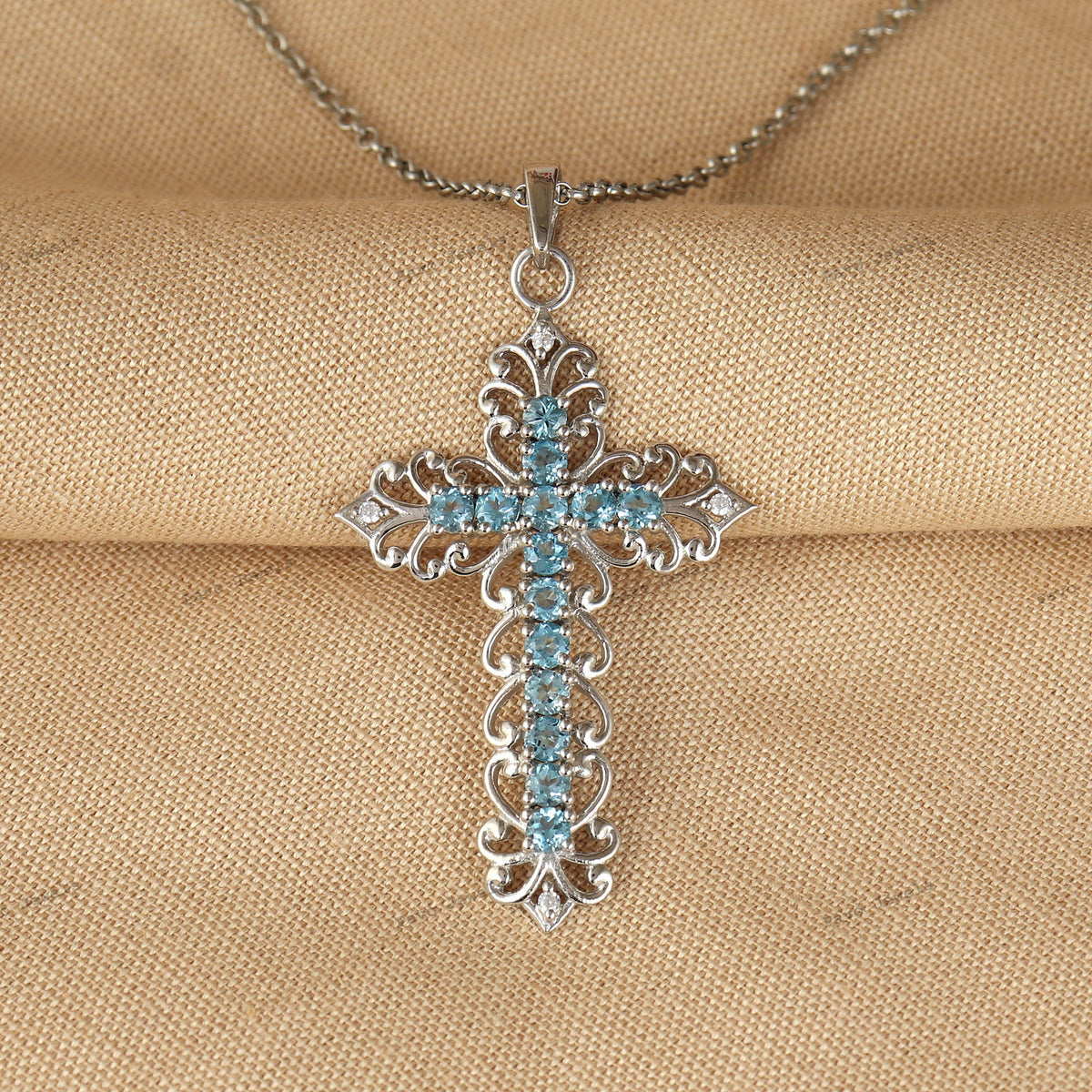 Dainty Swiss Blue Topaz Cross Necklace, 925 Silver Crucifix Pendant, Christian Jewelry
