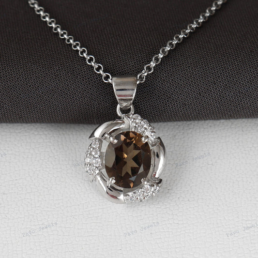 Oval Smoky Quartz Pendant, Sterling Silver Halo CZ Necklace, November Birthstone Jewelry