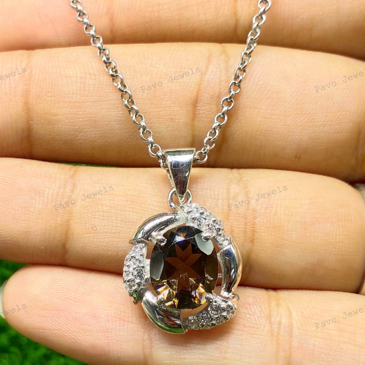 Oval Smoky Quartz Pendant, Sterling Silver Halo CZ Necklace, November Birthstone Jewelry