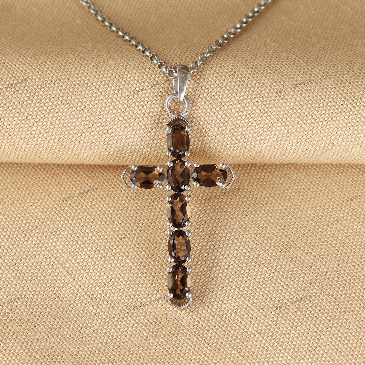 Smoky Quartz Cross Pendant: 925 Sterling Silver November Birthstone