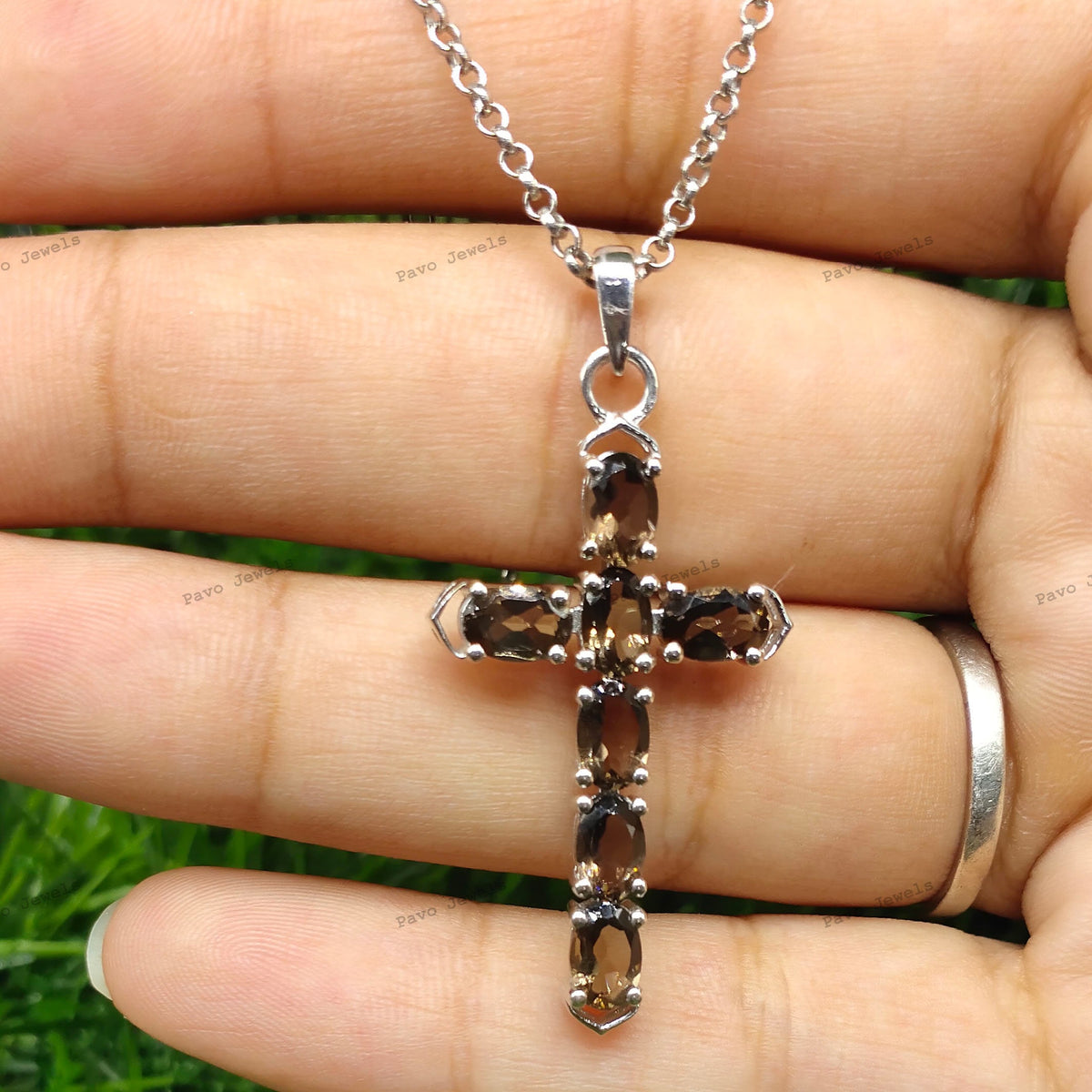 Smoky Quartz Cross Pendant: 925 Sterling Silver November Birthstone