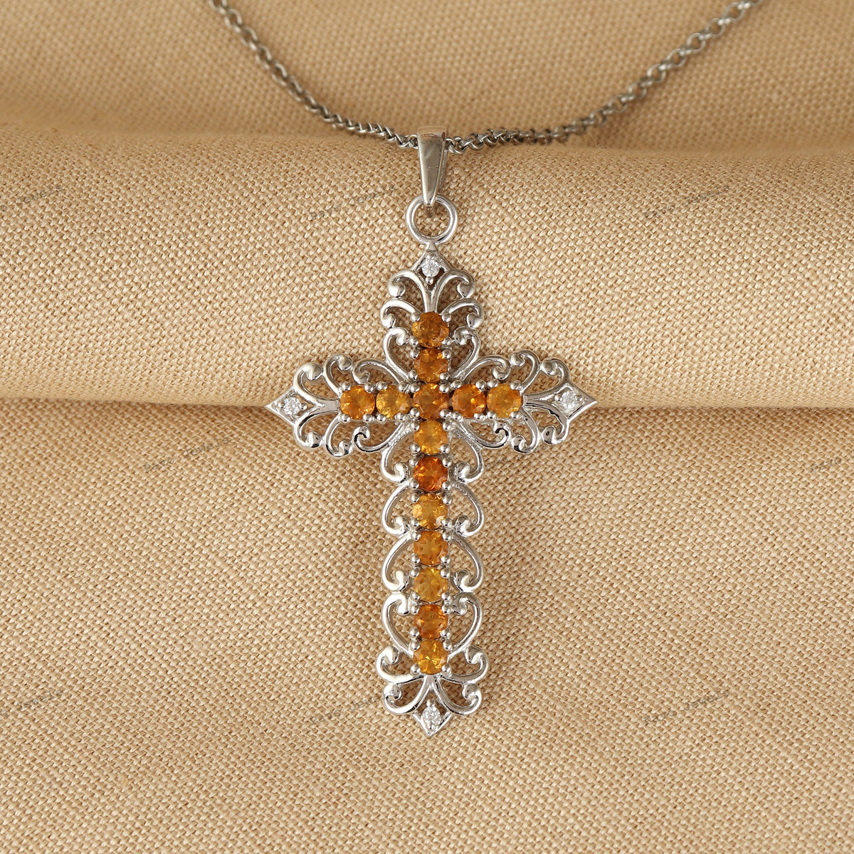 Citrine Cross Pendant: 925 Sterling Silver, Round Gemstone