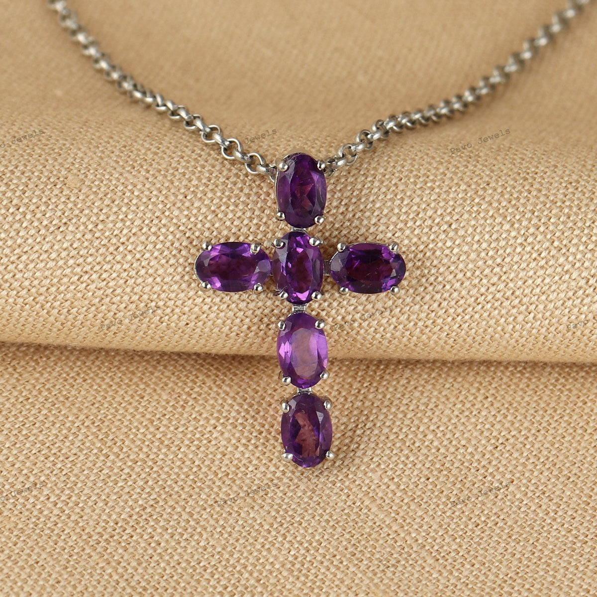 Sterling Silver Amethyst Cross Pendant Necklace, Oval Gemstone Christian Jewelry