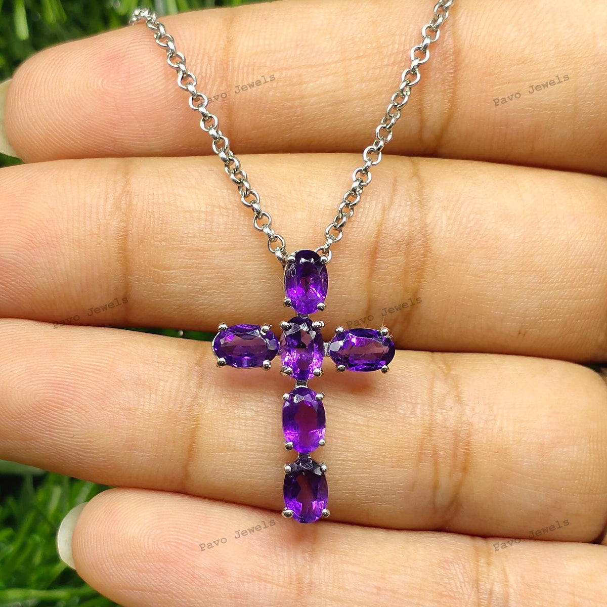 Sterling Silver Amethyst Cross Pendant Necklace, Oval Gemstone Christian Jewelry