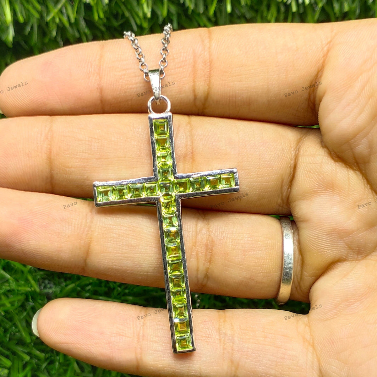 Peridot Cross Pendant: Square August Birthstone, 925 Sterling Silver