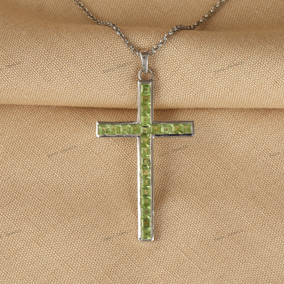 Peridot Cross Pendant: Square August Birthstone, 925 Sterling Silver