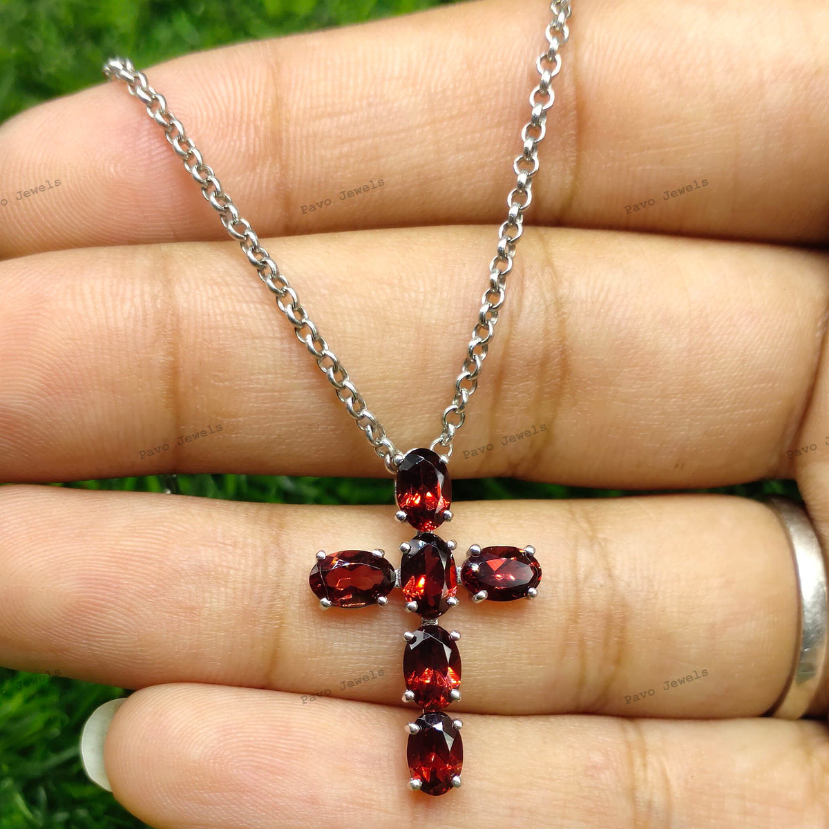 Garnet Cross Pendant: Oval Gemstone, 925 Sterling Silver